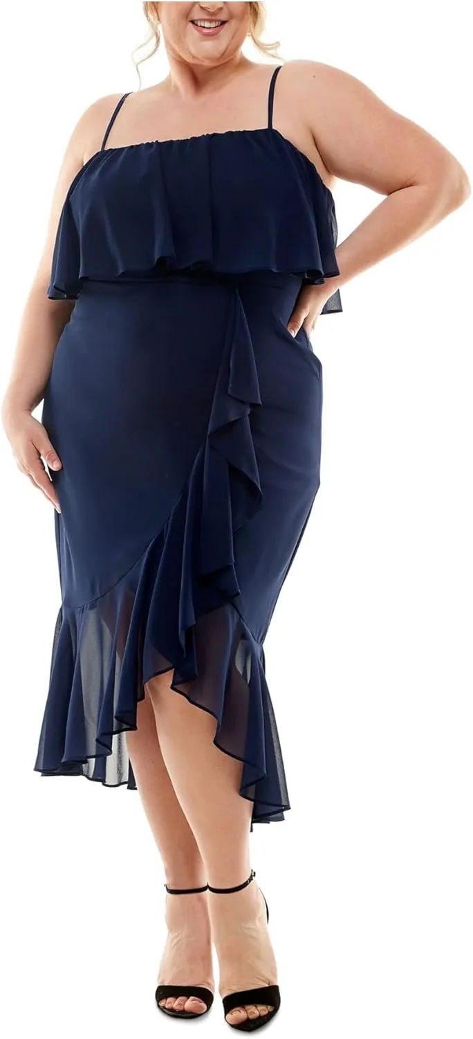 Womens Plus Chiffon Ruffled Midi Dress Navy 14W