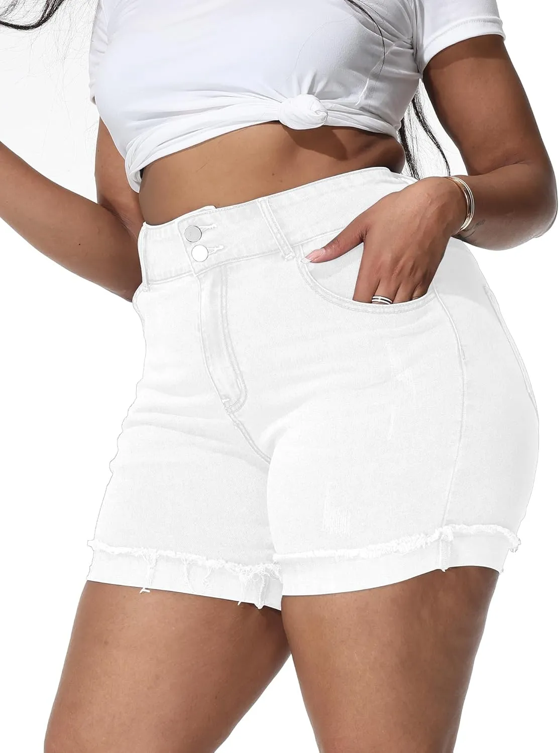 Womens Plus Size Jean Shorts High Waisted Stretchy Ripped Frayed Folded Hem Denim Shorts