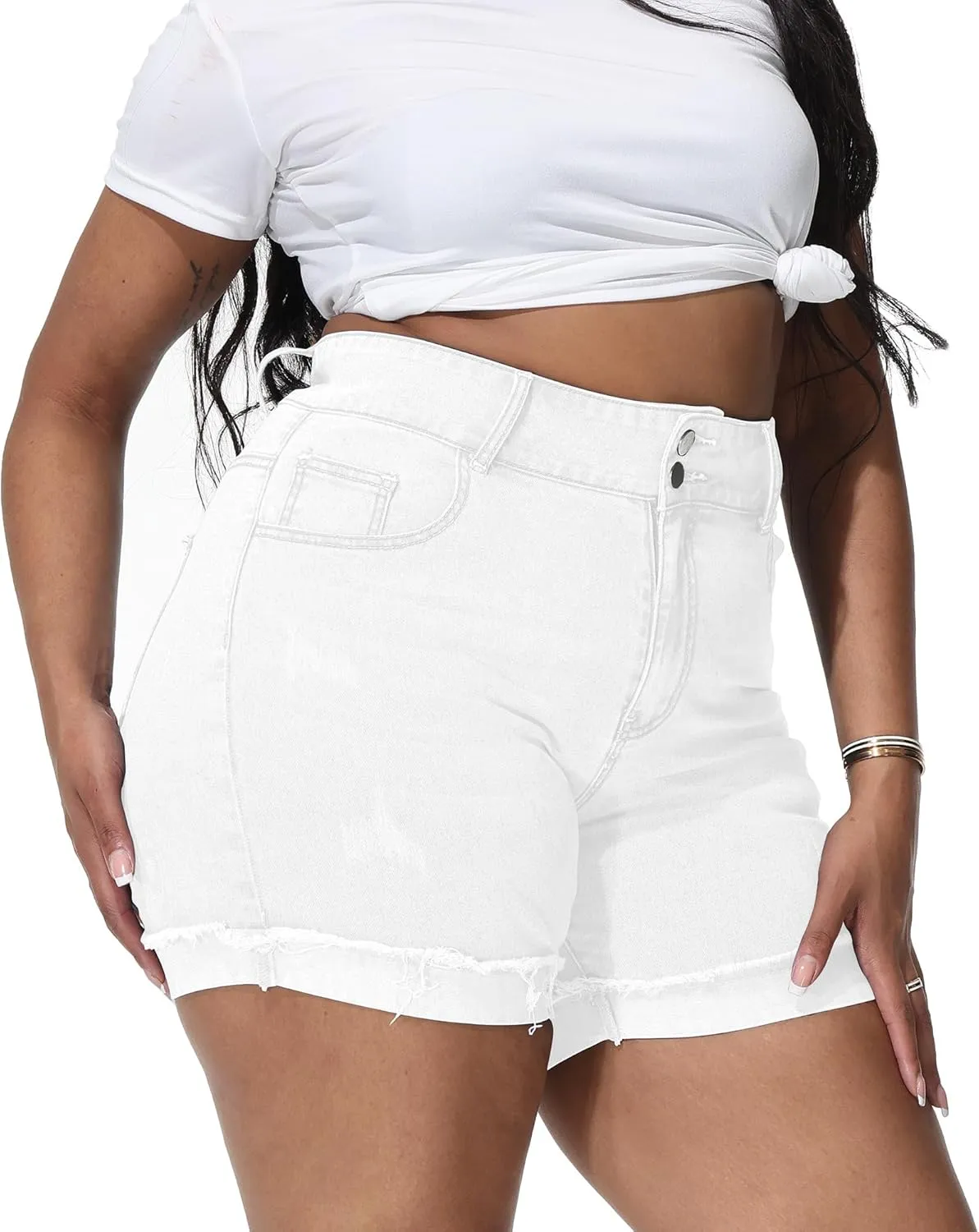 Womens Plus Size Jean Shorts High Waisted Stretchy Ripped Frayed Folded Hem Denim Shorts