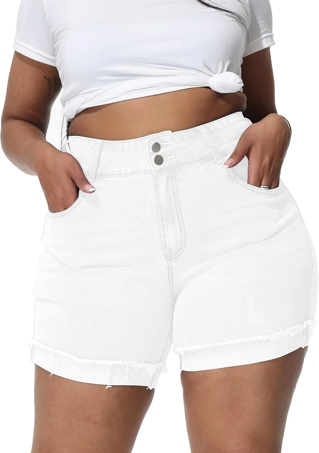Womens Plus Size Jean Shorts High Waisted Stretchy Ripped Frayed Folded Hem Denim Shorts