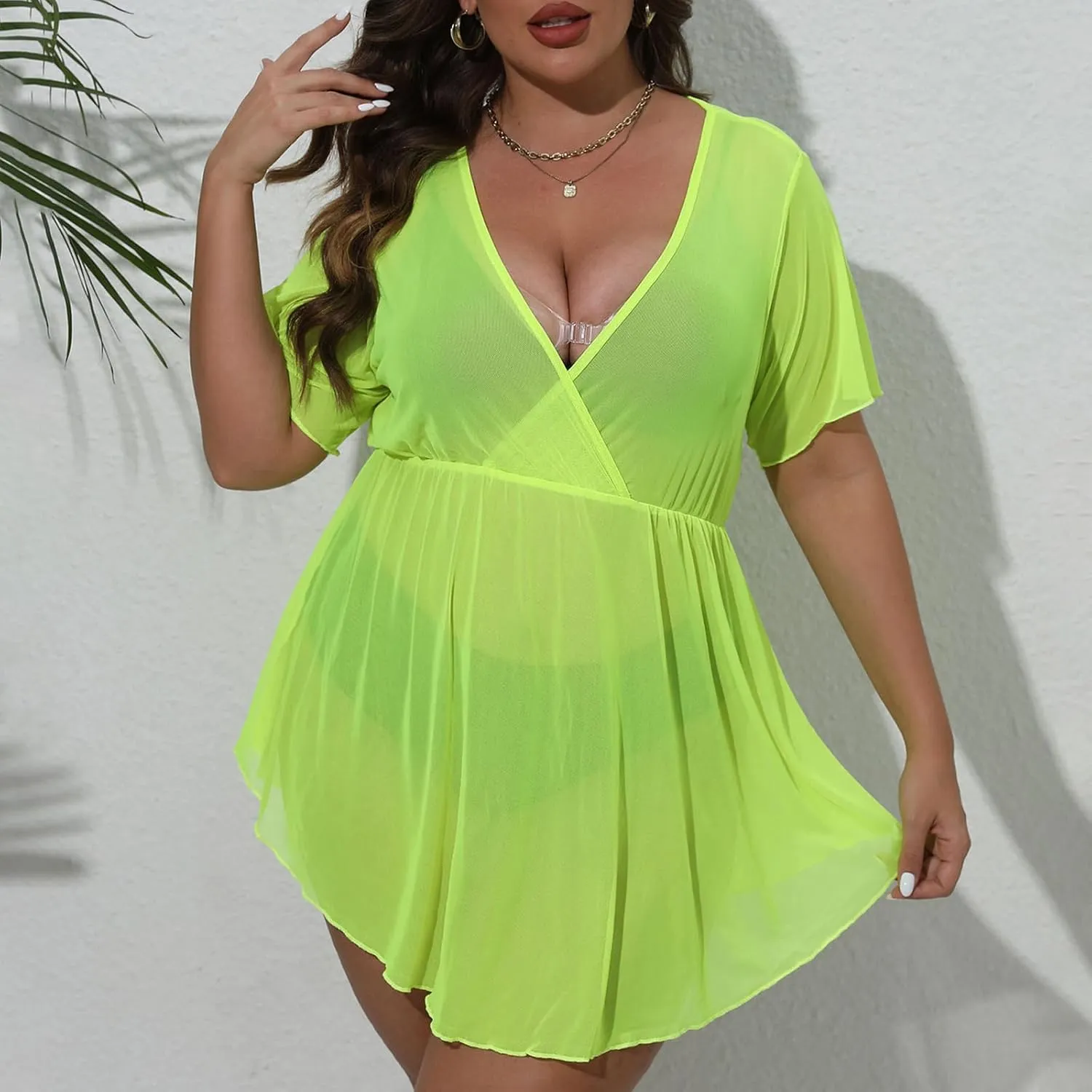 Women's Plus Size Sheer Mesh Beach Cover Up Dress Sheer V-Neck Coverup See Through Bathing Suit Dress