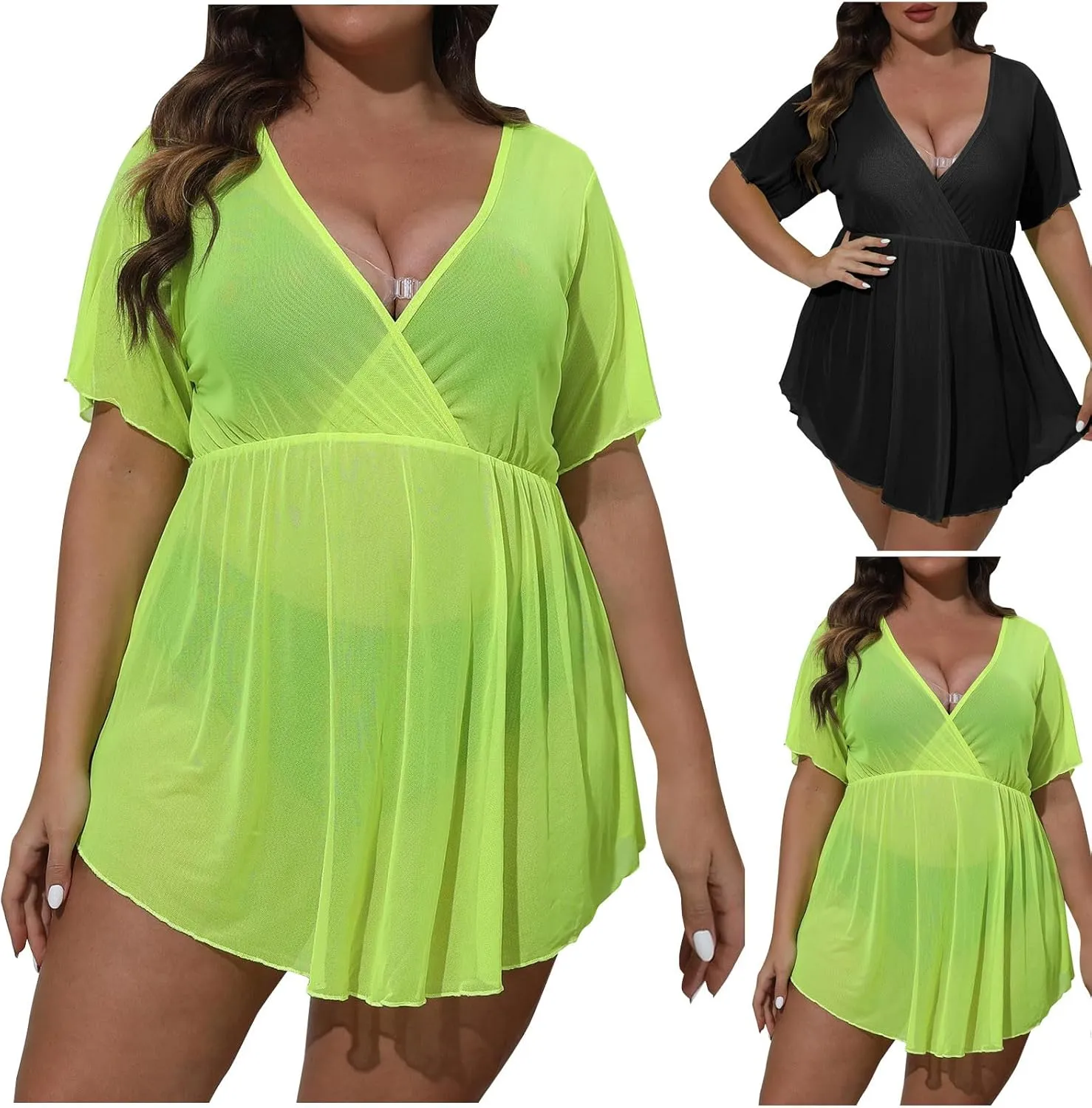 Women's Plus Size Sheer Mesh Beach Cover Up Dress Sheer V-Neck Coverup See Through Bathing Suit Dress