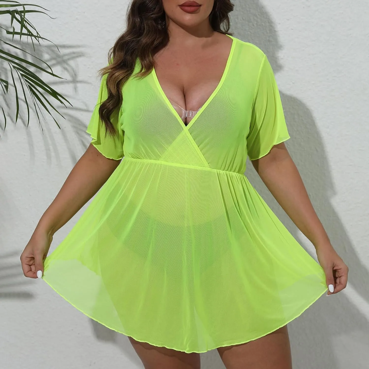 Women's Plus Size Sheer Mesh Beach Cover Up Dress Sheer V-Neck Coverup See Through Bathing Suit Dress