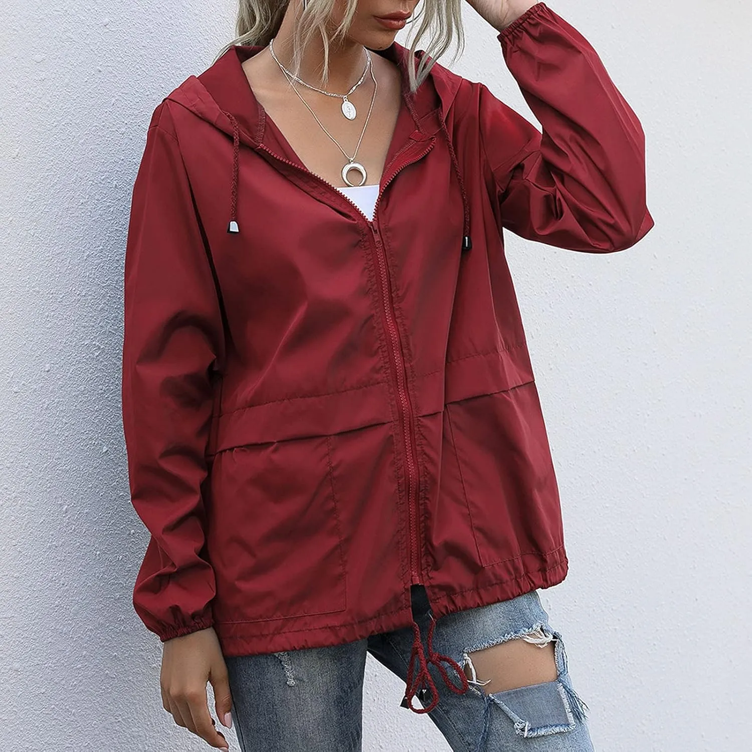 Womens Rain Jacket Lightweight Waterproof Raincoat with Hood Cycling Bike Cardigan Jackets Windbreaker Tops Coats