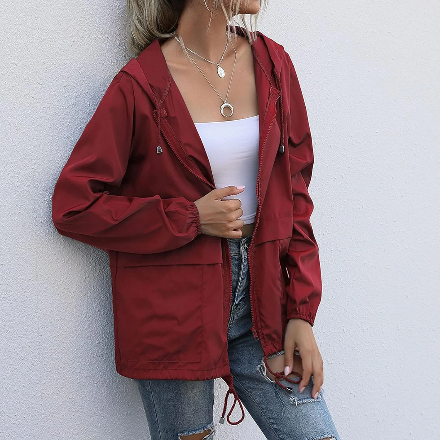 Womens Rain Jacket Lightweight Waterproof Raincoat with Hood Cycling Bike Cardigan Jackets Windbreaker Tops Coats