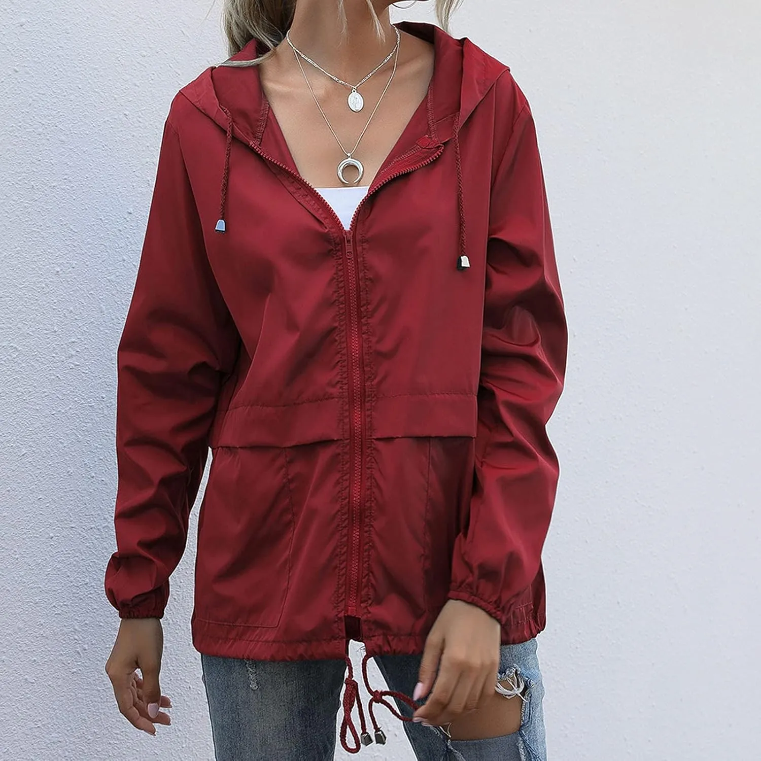 Womens Rain Jacket Lightweight Waterproof Raincoat with Hood Cycling Bike Cardigan Jackets Windbreaker Tops Coats