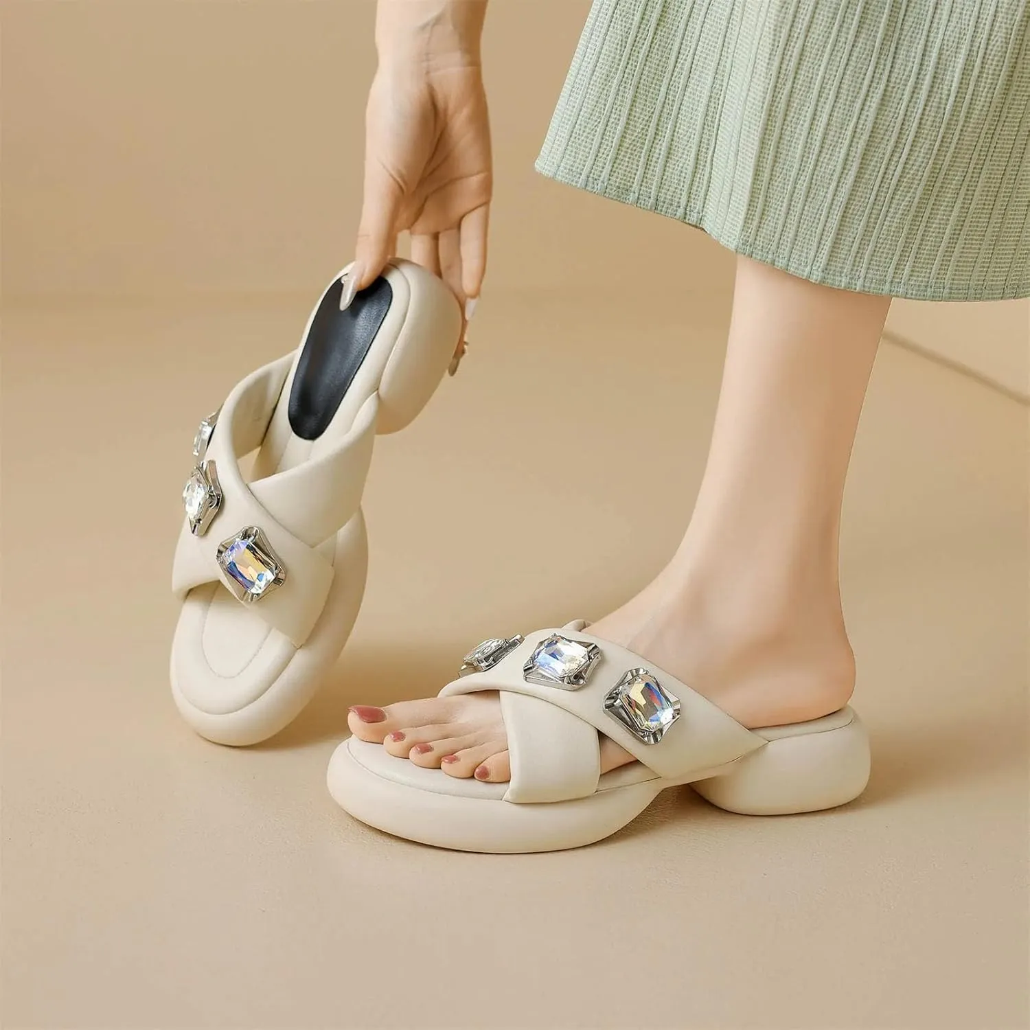 Women's Rhinestone Soft Mules - Med Heels Slingback Summer Dignified elegance Casual Platform