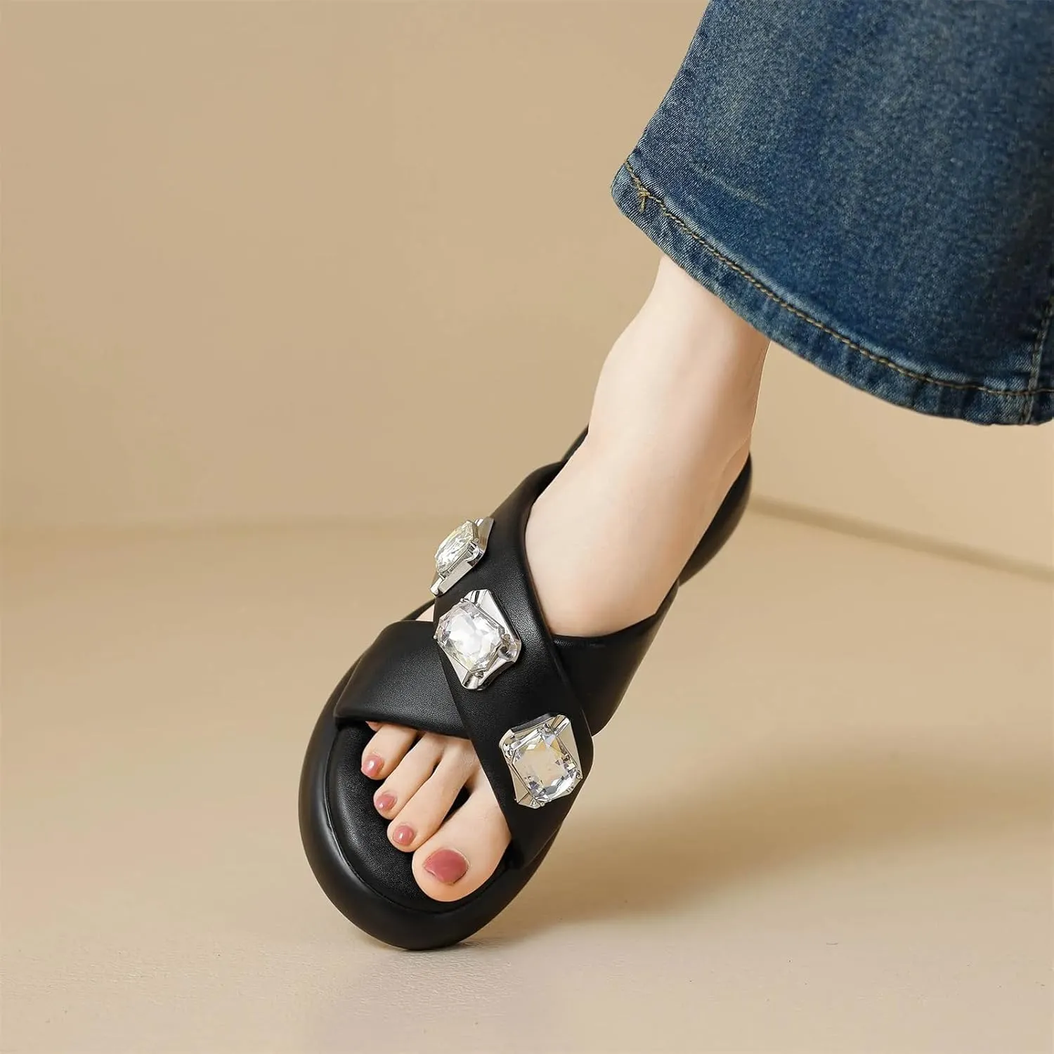 Women's Rhinestone Soft Mules - Med Heels Slingback Summer Dignified elegance Casual Platform