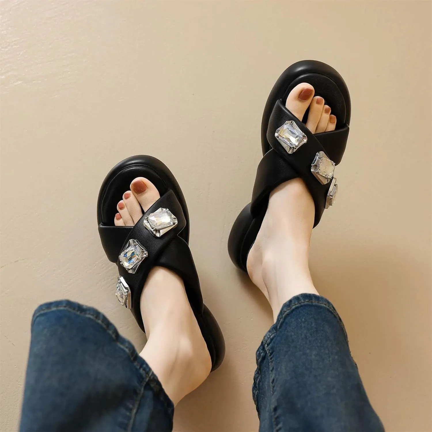 Women's Rhinestone Soft Mules - Med Heels Slingback Summer Dignified elegance Casual Platform