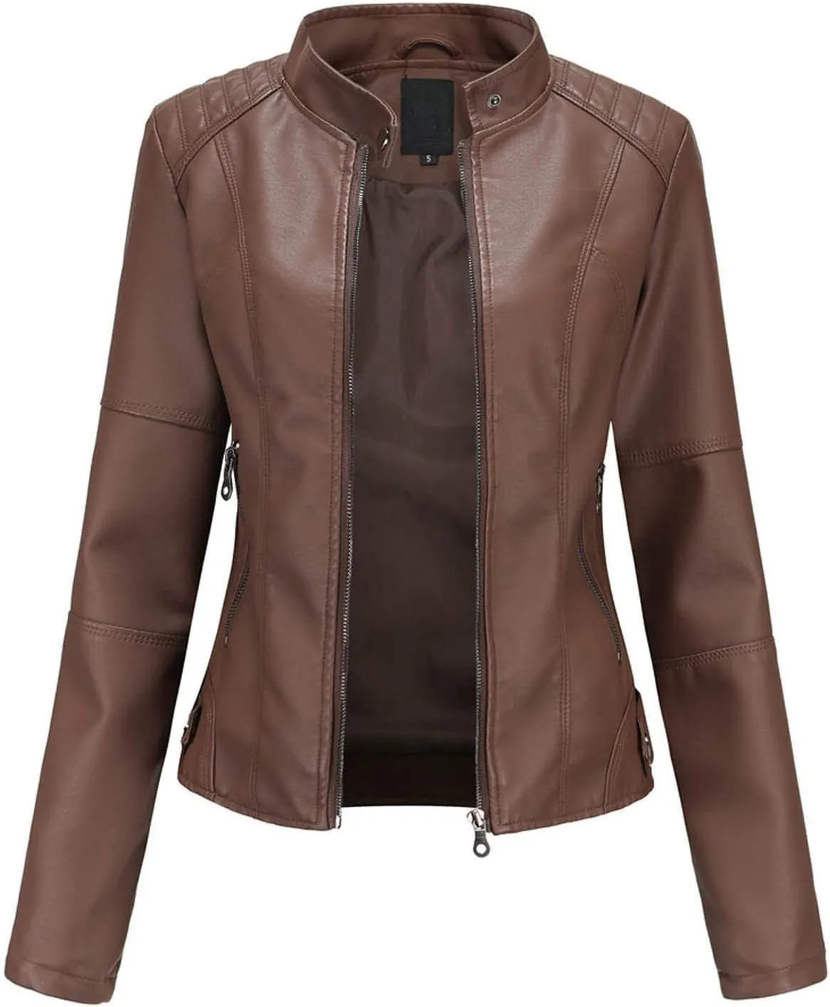 Women's Slim Fit Leather Faux Jacket, Stand-Up Solid Collar Color Leather Faux Jacket,Motorcycle Jacket Style Coats