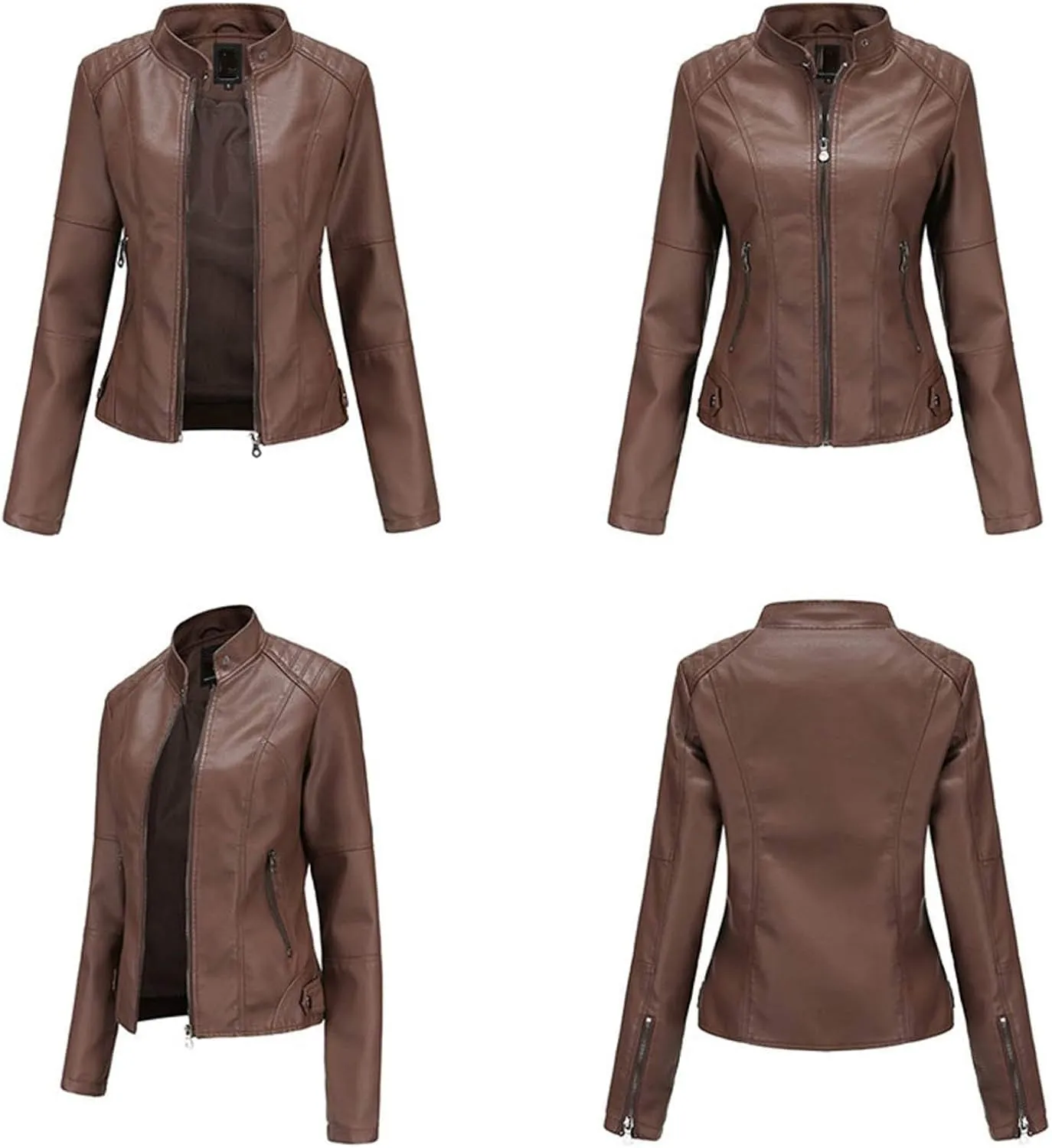 Women's Slim Fit Leather Faux Jacket, Stand-Up Solid Collar Color Leather Faux Jacket,Motorcycle Jacket Style Coats