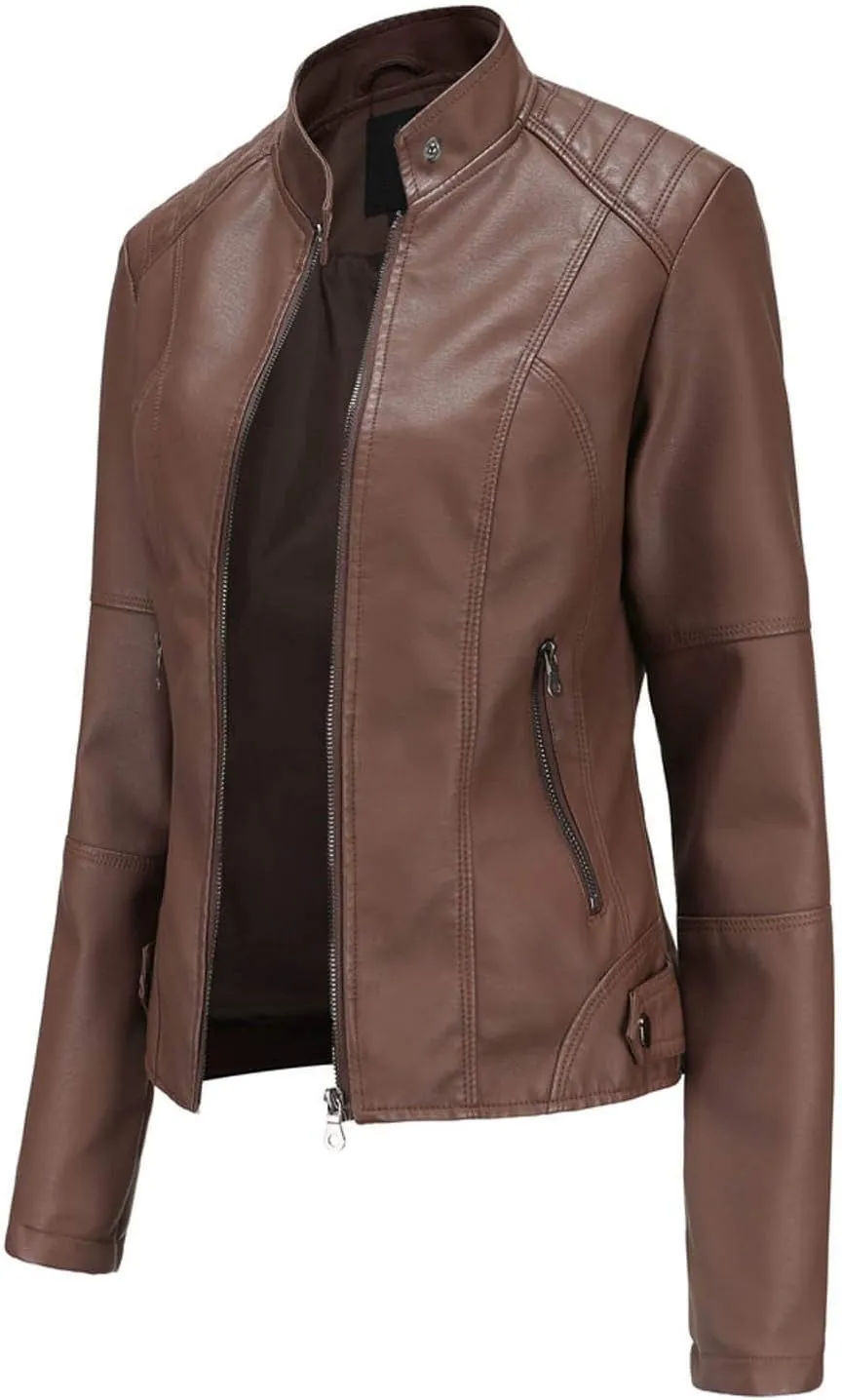 Women's Slim Fit Leather Faux Jacket, Stand-Up Solid Collar Color Leather Faux Jacket,Motorcycle Jacket Style Coats