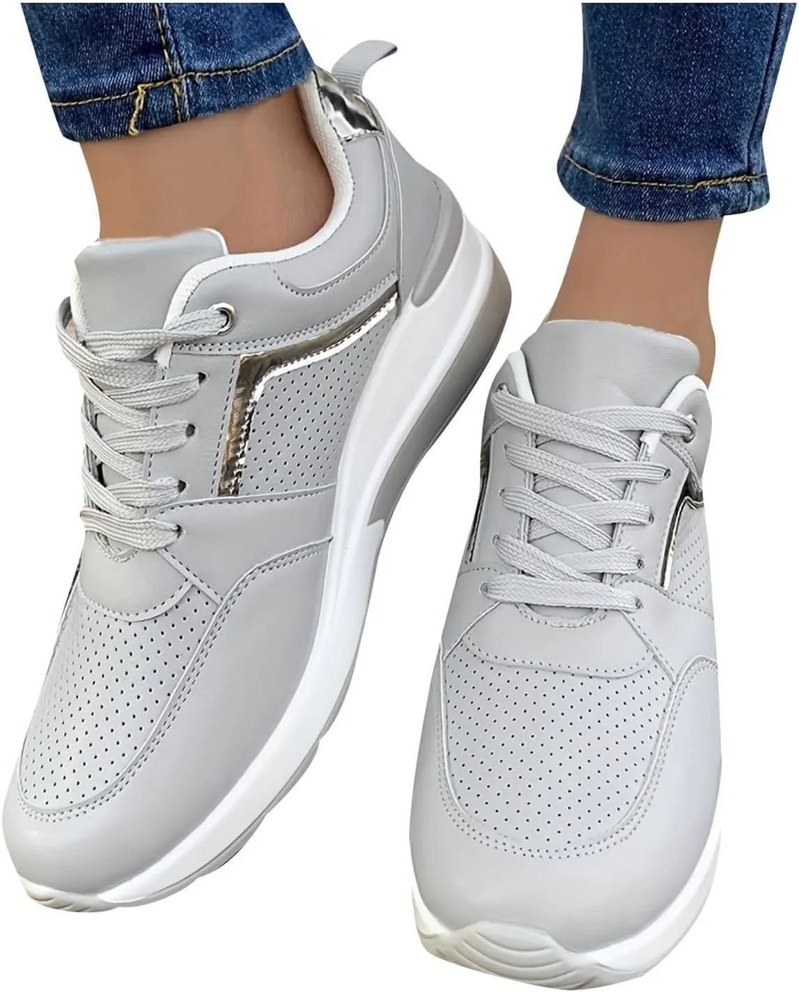 Women's Slip On Sneakers Casual Lace Up Non Slip Tennis Walking Shoes Classic Cutout Low Top Platform Sneakers Active Workout Breathable Hands-Free Comfortable Fashion Shoes