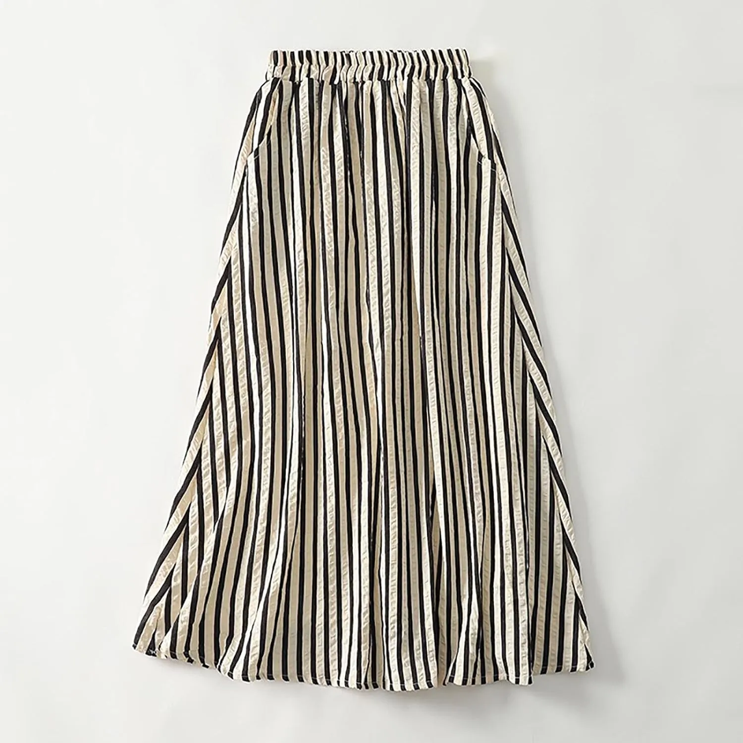 Women's Striped Skirts Elastic Waist Long Flowy Bohemian Cotton Linen Casual Summer Beach Holiday A Line Maxi Skirt