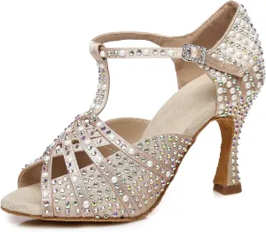 Women's Suede Sole Rhinestone Ballroom Dance Shoes for 1920s Latin Salsa Glitter Performance Dance Shoes