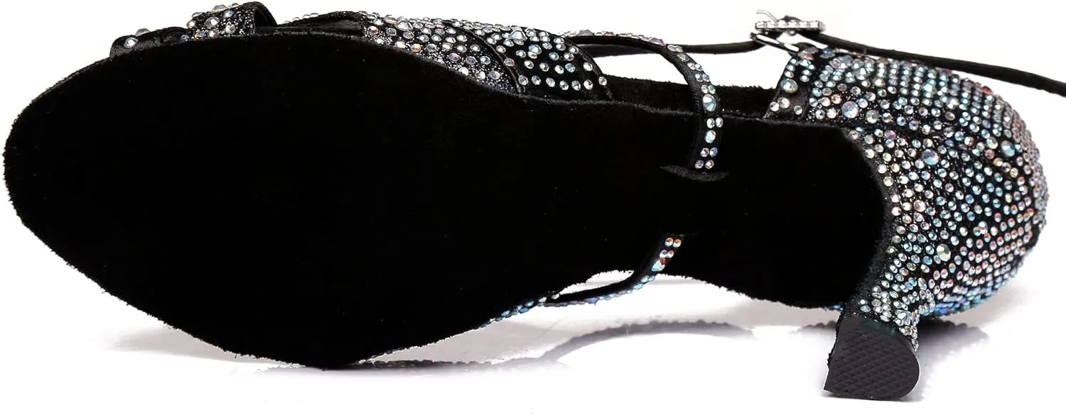 Women's Suede Sole Rhinestone Ballroom Dance Shoes Latin Salsa Glitter Performance Dance Shoes