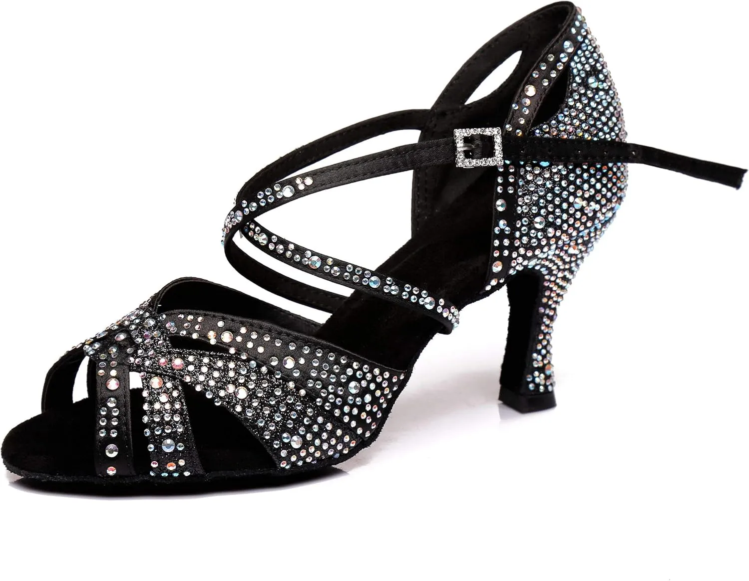 Women's Suede Sole Rhinestone Ballroom Dance Shoes Latin Salsa Glitter Performance Dance Shoes