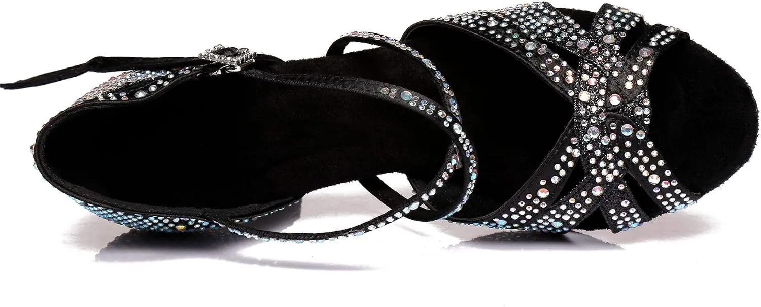 Women's Suede Sole Rhinestone Ballroom Dance Shoes Latin Salsa Glitter Performance Dance Shoes