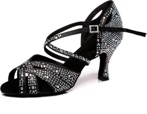 Women's Suede Sole Rhinestone Ballroom Dance Shoes Latin Salsa Glitter Performance Dance Shoes
