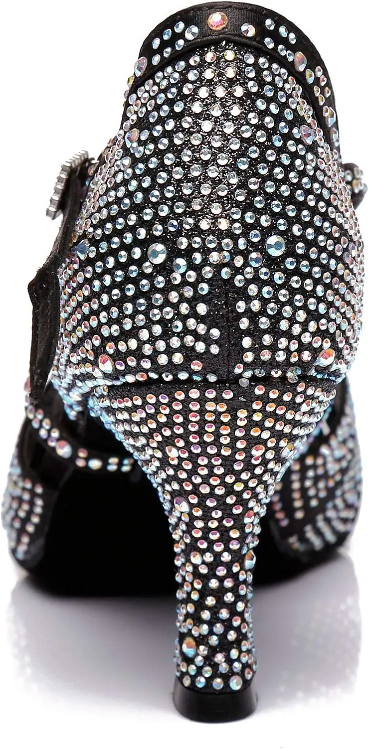 Women's Suede Sole Rhinestone Ballroom Dance Shoes Latin Salsa Glitter Performance Dance Shoes