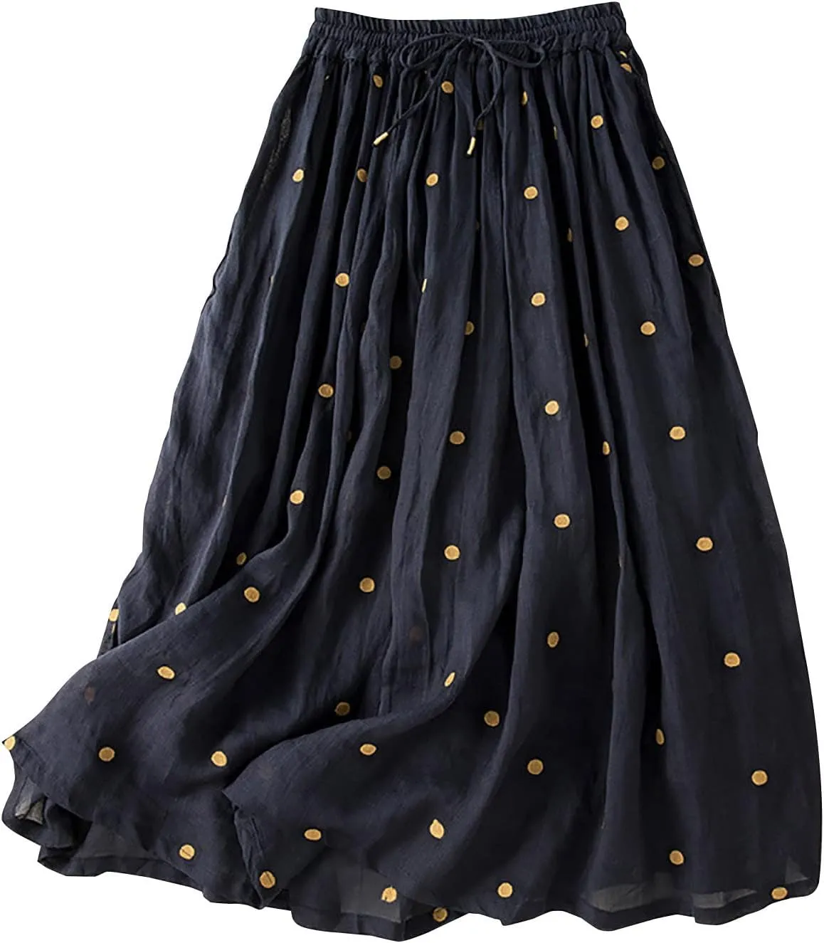 Womens Summer Cotton Linen Skirts Drawstring Elastic Waist Pleated Lightweight Flowy Beach Maxi Skirt