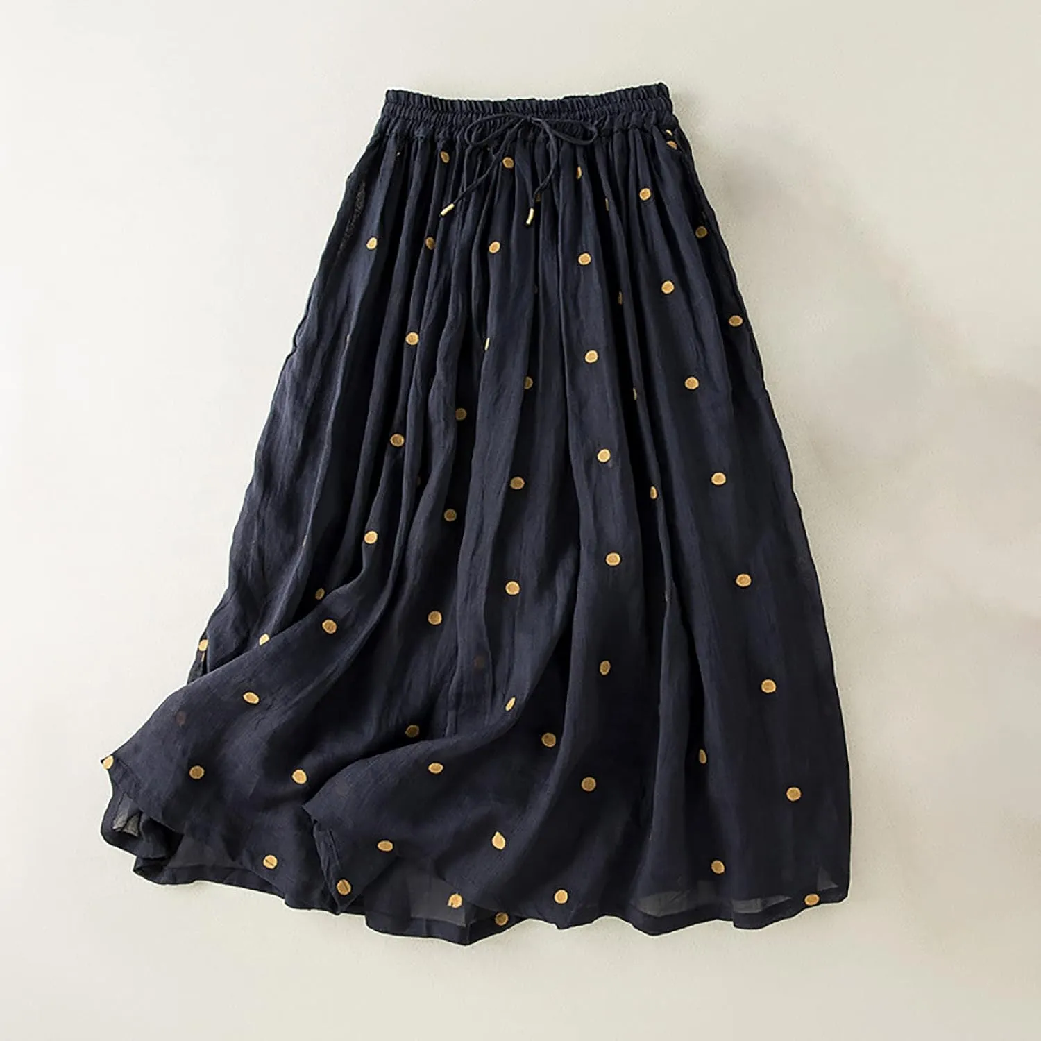 Womens Summer Cotton Linen Skirts Drawstring Elastic Waist Pleated Lightweight Flowy Beach Maxi Skirt