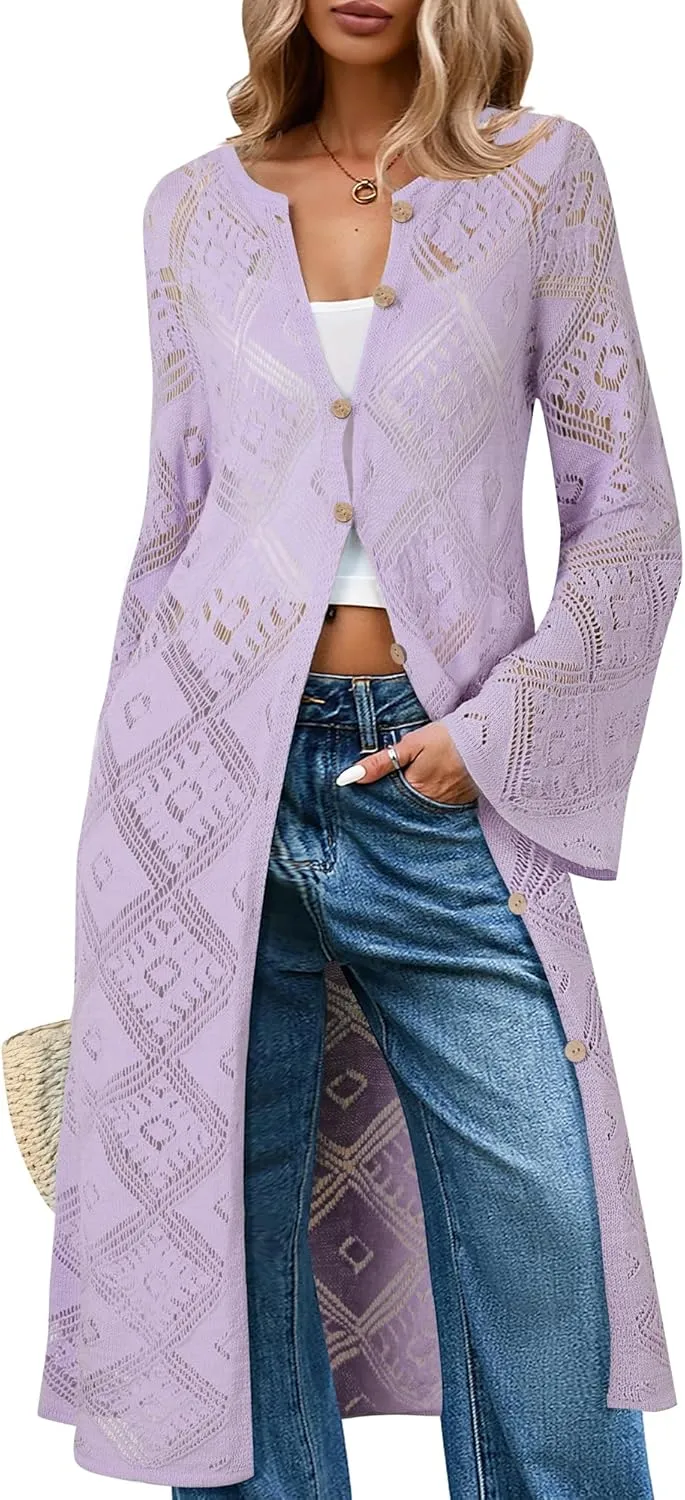 Women's Summer Lightweight Open Front Long Cardigans Crochet Knit Bell Sleeve Button Hollow Out Beach Cover Ups