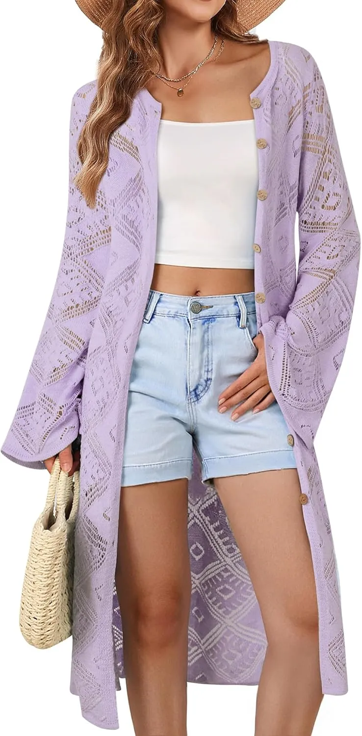Women's Summer Lightweight Open Front Long Cardigans Crochet Knit Bell Sleeve Button Hollow Out Beach Cover Ups