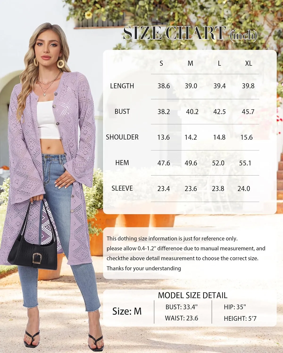 Women's Summer Lightweight Open Front Long Cardigans Crochet Knit Bell Sleeve Button Hollow Out Beach Cover Ups