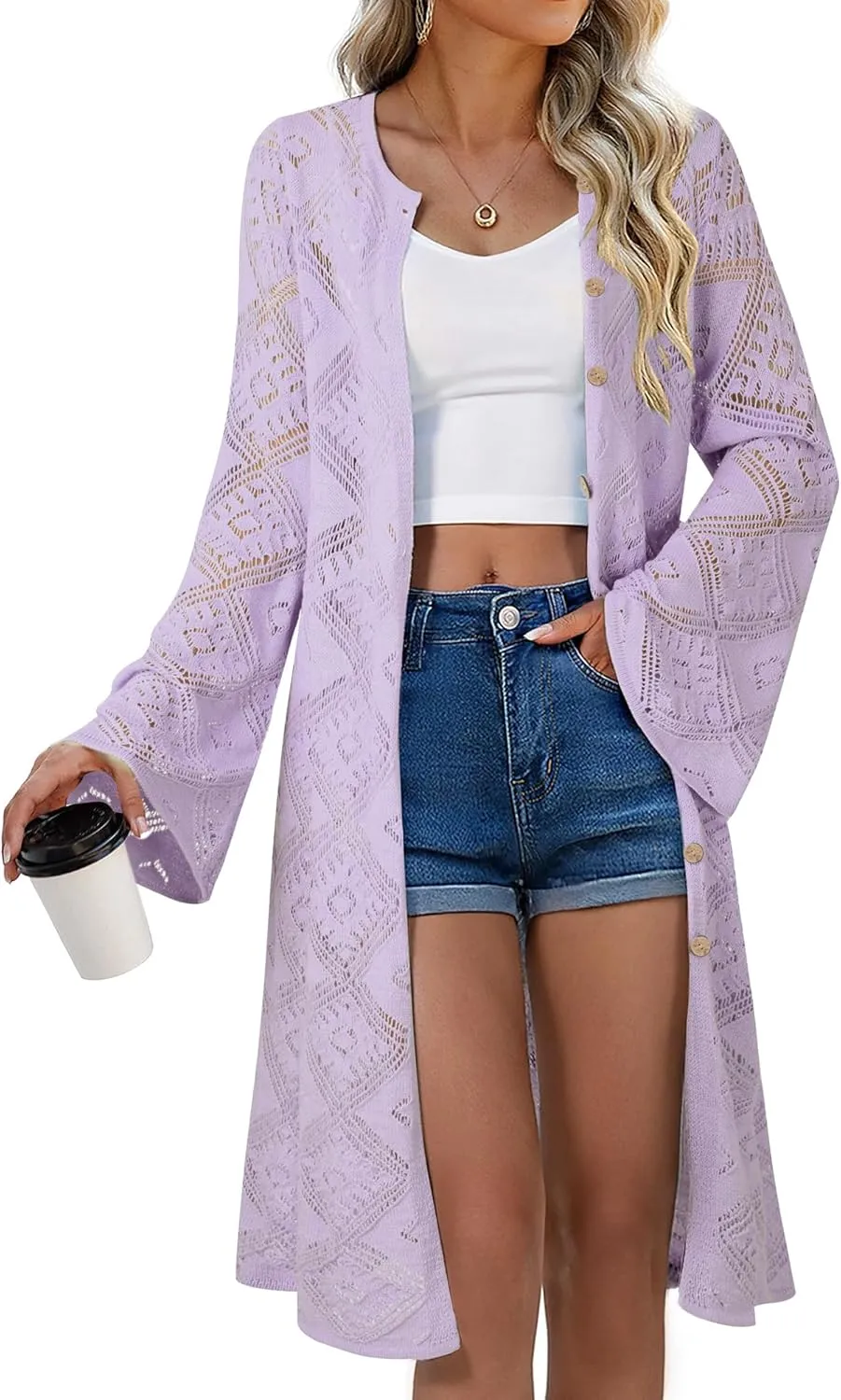 Women's Summer Lightweight Open Front Long Cardigans Crochet Knit Bell Sleeve Button Hollow Out Beach Cover Ups