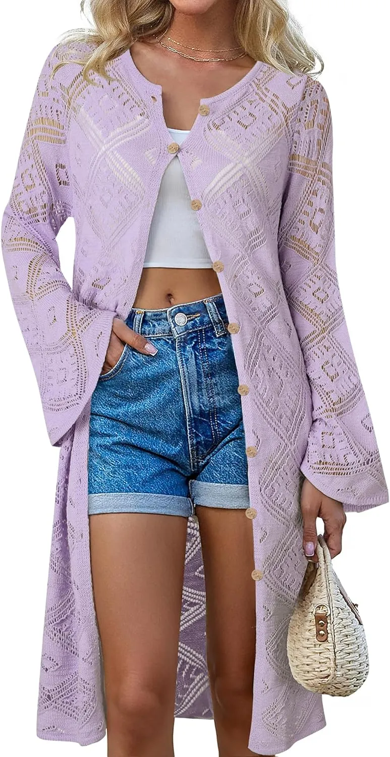 Women's Summer Lightweight Open Front Long Cardigans Crochet Knit Bell Sleeve Button Hollow Out Beach Cover Ups