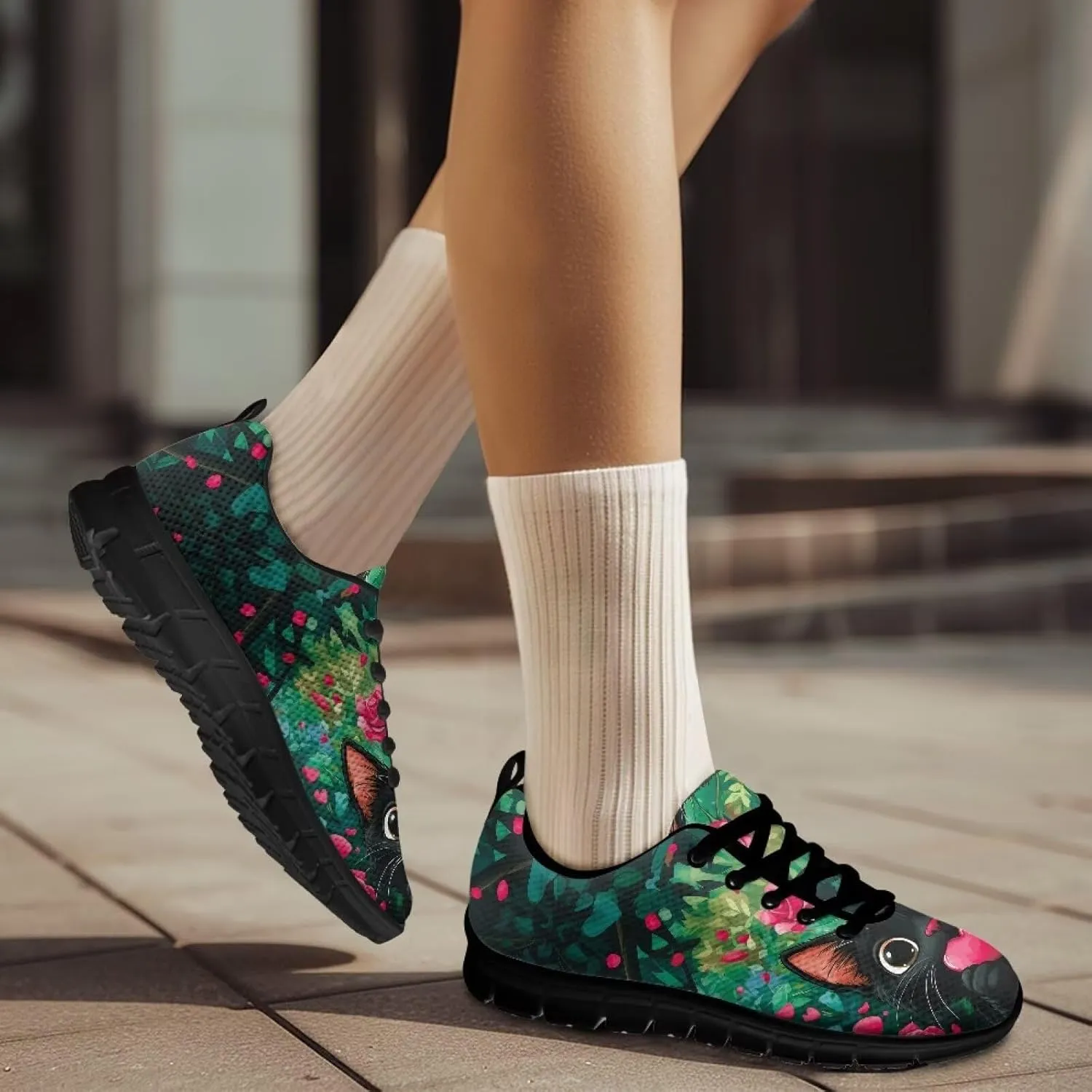 Womens Walking Shoes Non Slip Gym Workout Sneakers Popular Lace-Up Lightweight Comfort Cushion Shoes for Outdoor Size 5-12 Black Sole