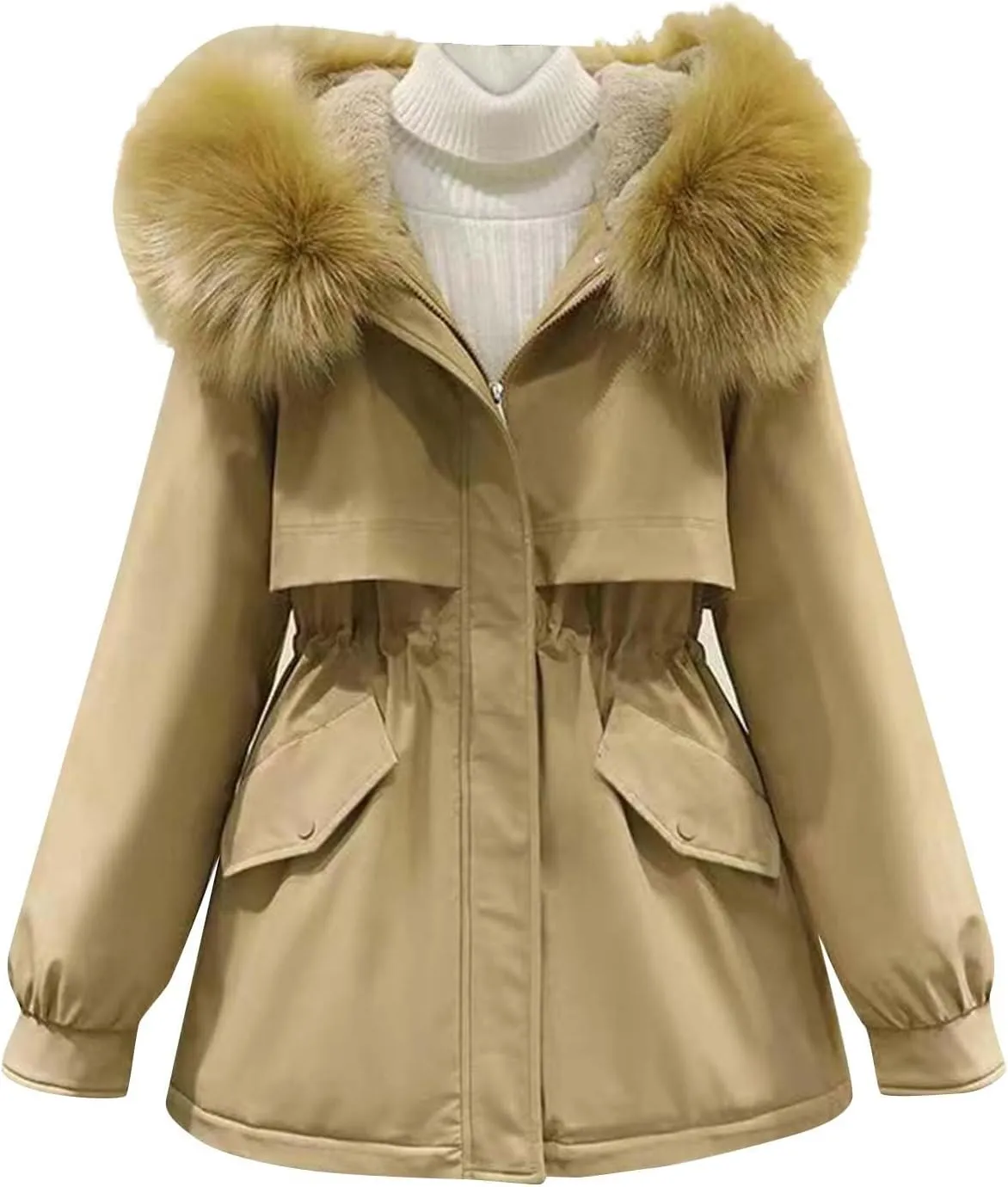 Women's Winter Warm Thicken Sherpa Lined Trench Coat Windproof Faux Fur Fuzzy Waisted Soft Hooded Parka Coat Jacket