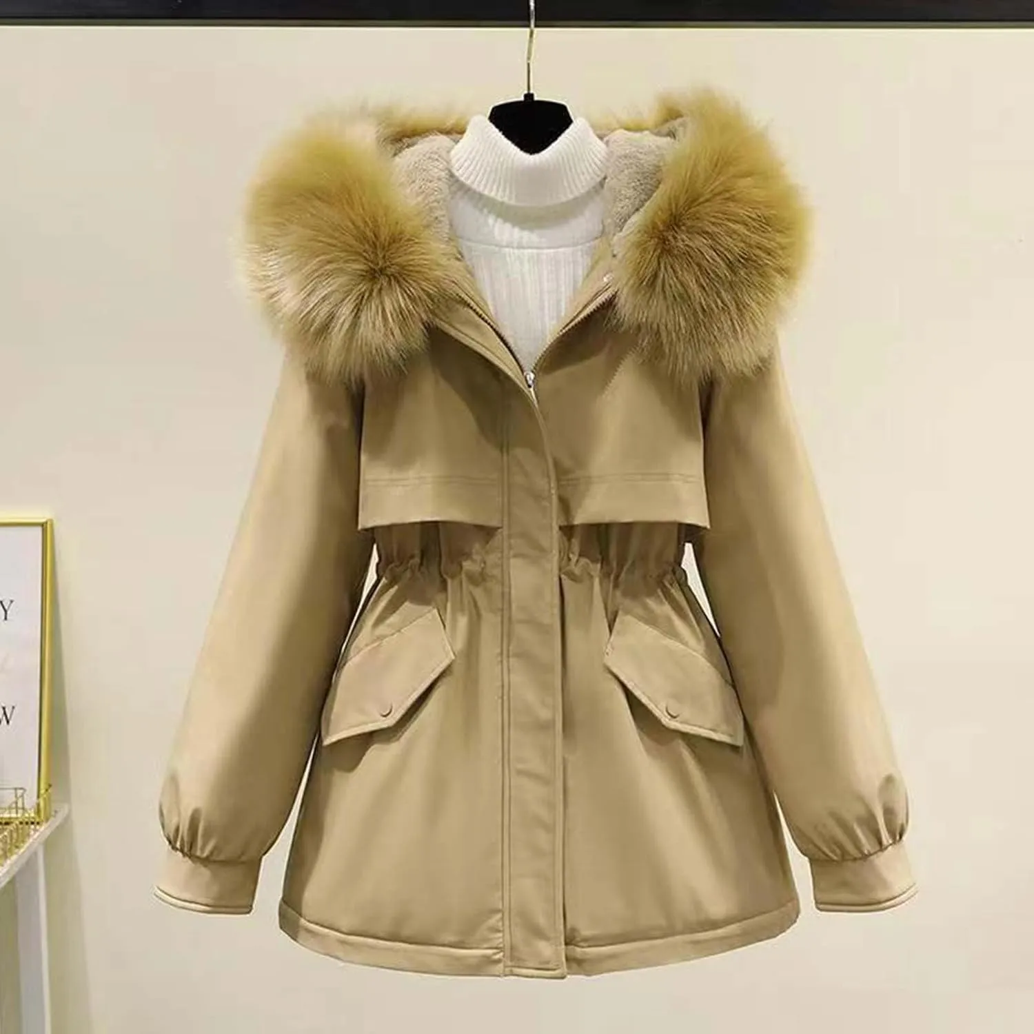 Women's Winter Warm Thicken Sherpa Lined Trench Coat Windproof Faux Fur Fuzzy Waisted Soft Hooded Parka Coat Jacket