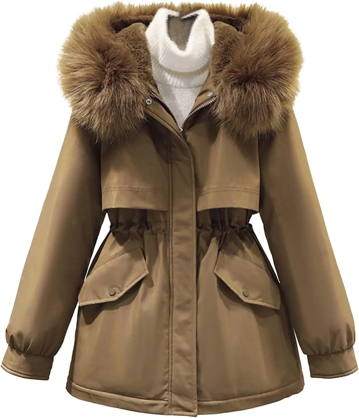 Women's Winter Warm Thicken Sherpa Lined Trench Coat Windproof Faux Fur Fuzzy Waisted Soft Hooded Parka Coat Jacket