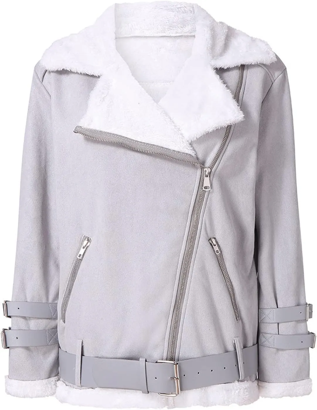 XUNRYAN Womens Suede Faux-Leather Sherpa Jackets Fashion Long Sleeve Fleece Coat Zip Up Lapel Motorcycle Short Slim Fit Coat