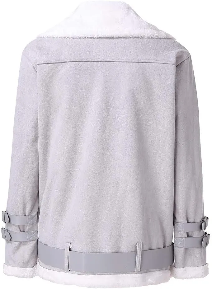 XUNRYAN Womens Suede Faux-Leather Sherpa Jackets Fashion Long Sleeve Fleece Coat Zip Up Lapel Motorcycle Short Slim Fit Coat