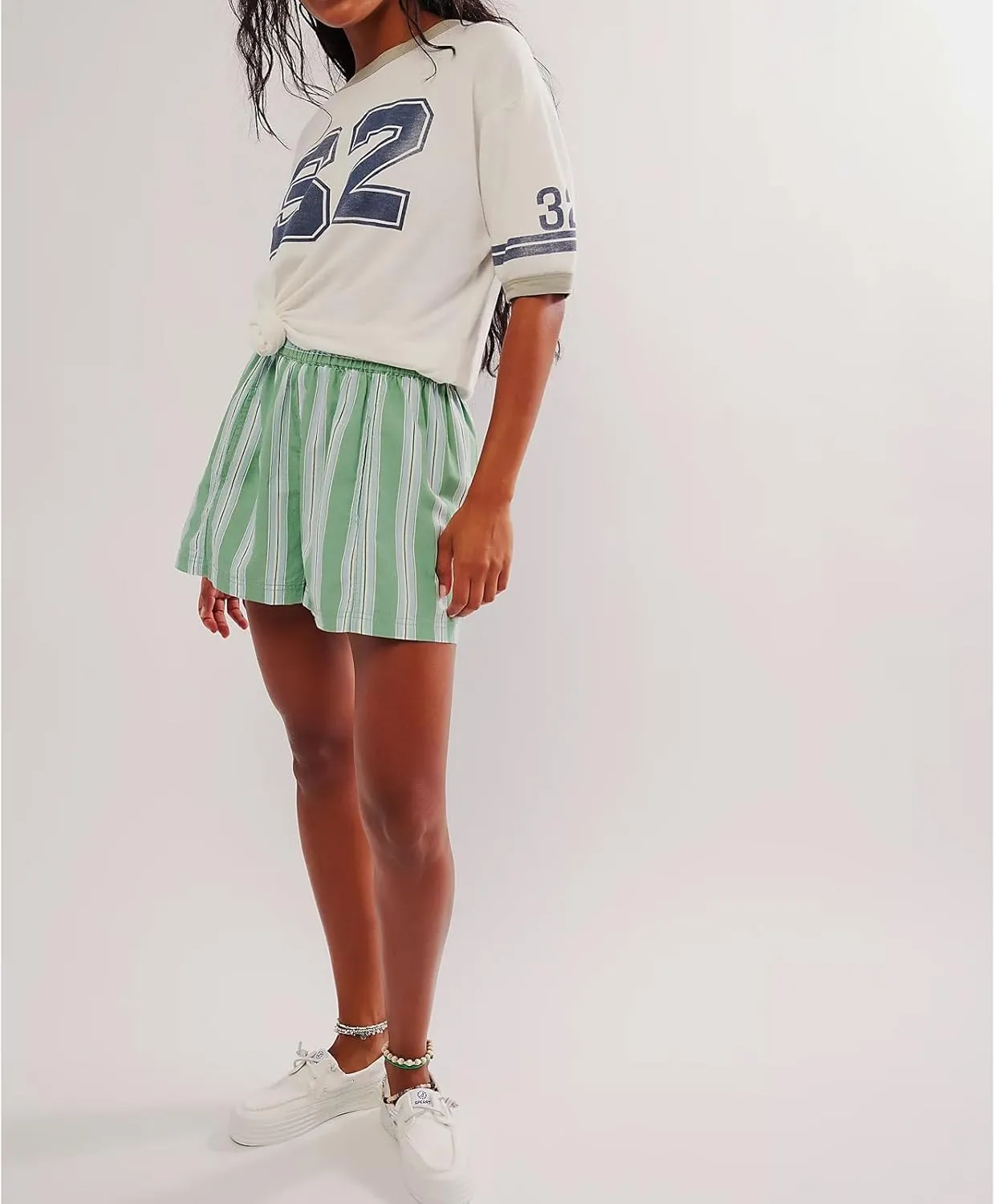 Y2k Striped Boxer Shorts Women High Waist Elastic Lounge Baggy Shorts Green White Striped Pajama Sleep Shorts