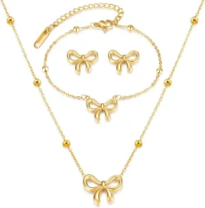 YANCHUN Bow Earrings Necklace Bracelet Gold Jewelry Set Trendy Bowknot Ribbon Pearl Choker Necklace Trendy Bow Stuff Jewelry Gifts