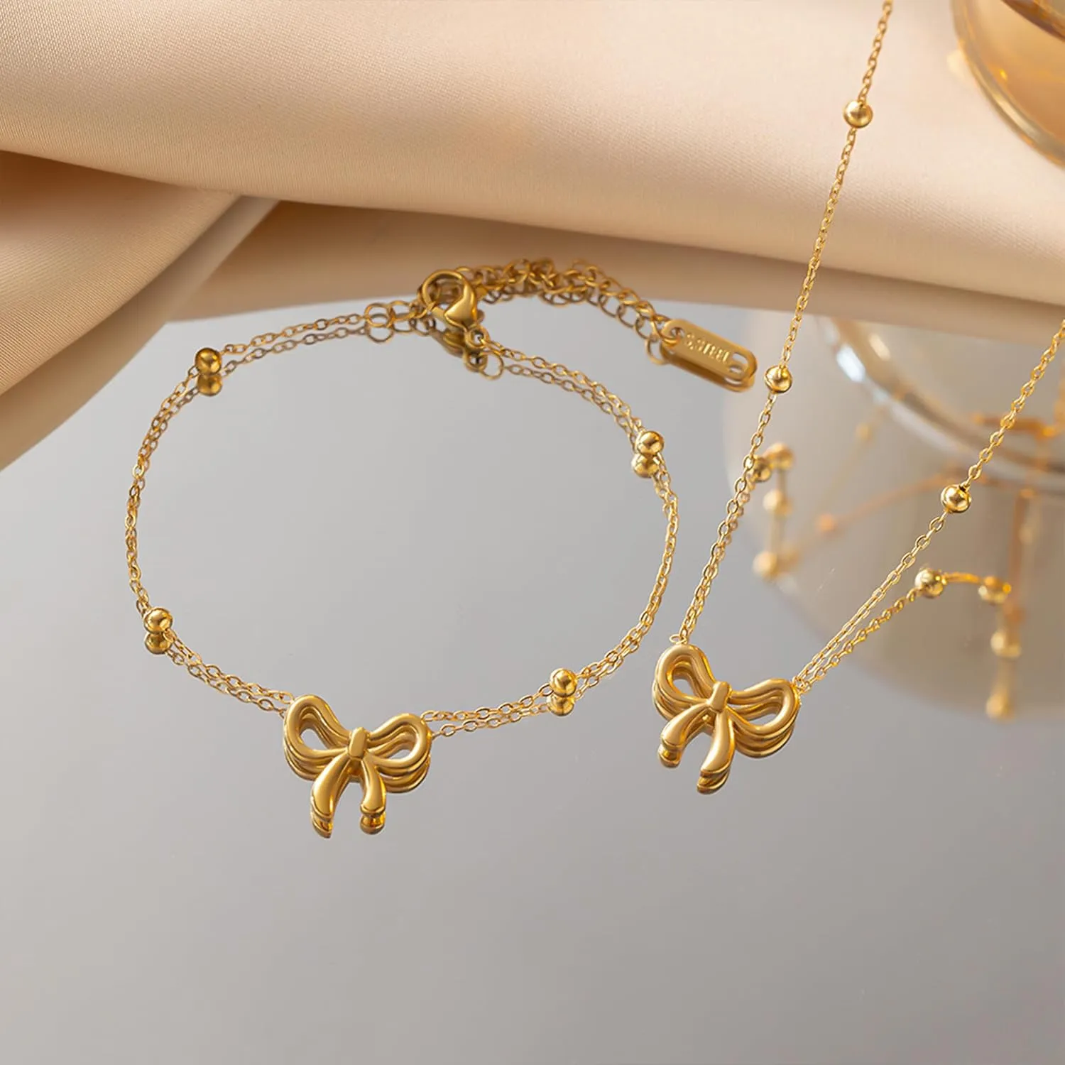 YANCHUN Bow Earrings Necklace Bracelet Gold Jewelry Set Trendy Bowknot Ribbon Pearl Choker Necklace Trendy Bow Stuff Jewelry Gifts