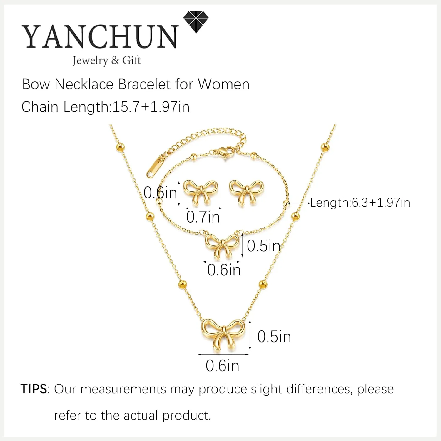 YANCHUN Bow Earrings Necklace Bracelet Gold Jewelry Set Trendy Bowknot Ribbon Pearl Choker Necklace Trendy Bow Stuff Jewelry Gifts