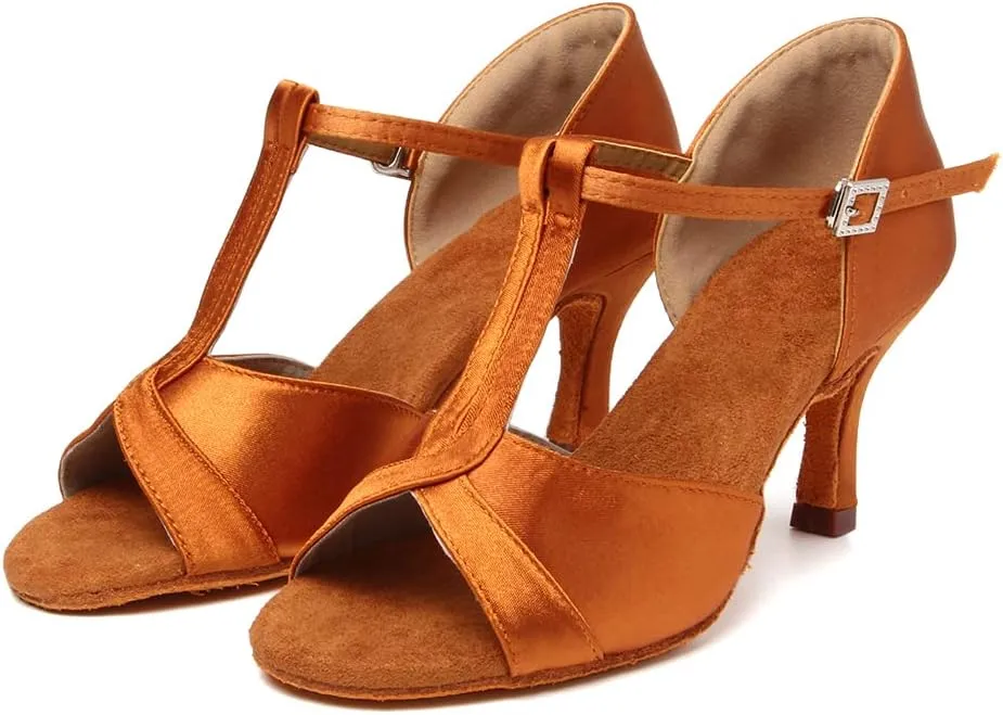 YKXLM Latin Ballroom Dance Shoes Women 3 inch Heel Salsa Tango Performance T-Strap Bachata Dancing Shoes