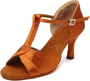 YKXLM Latin Ballroom Dance Shoes Women 3 inch Heel Salsa Tango Performance T-Strap Bachata Dancing Shoes